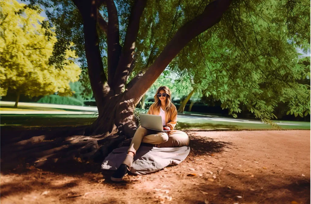 Femme consultant son portable dans un parc