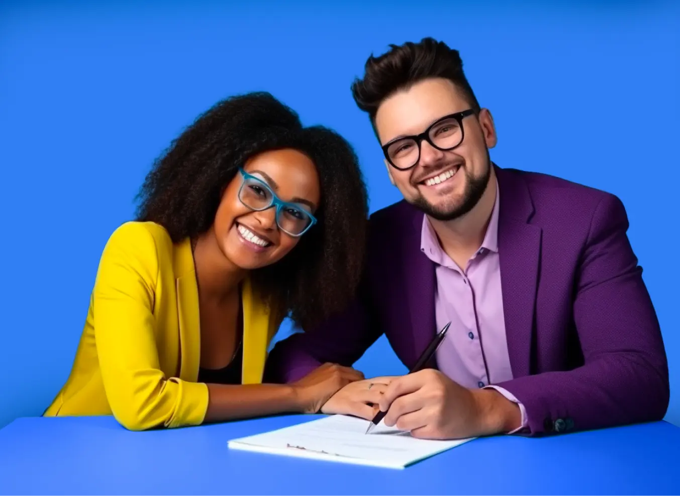 Portrait d'une femme et d'un homme courtier en assurance complétant un formulaire papier