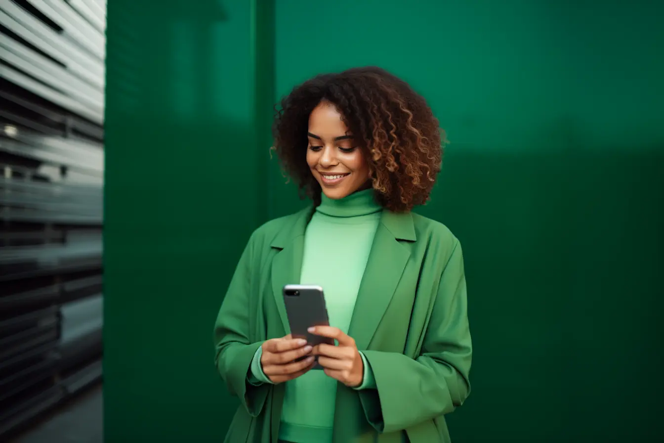 Femme avec téléphone portable sur fond vert.