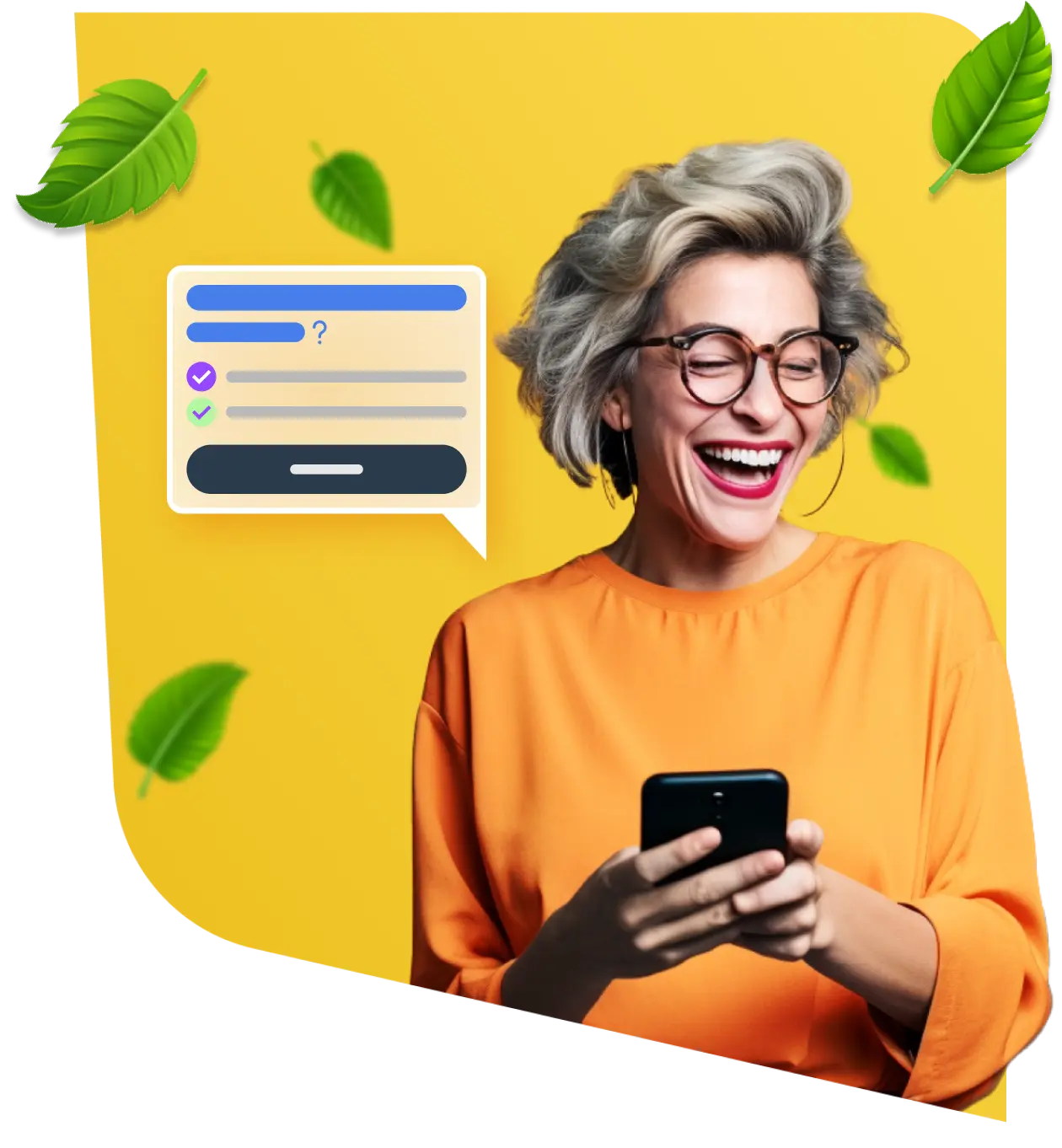Portrait d'un femme retraité avec son smartphone éclatant de rire. Feuille décorative flottant de chaque côté et illustration d'un formulaire shématisée