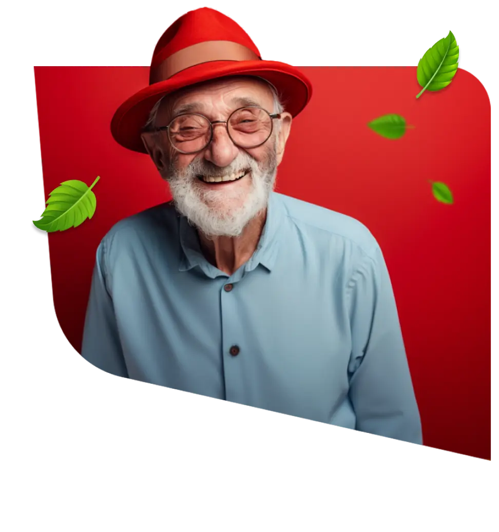 Homme d'âge mure avec un chapeau rouge entrouré de feuilles vertes flottantes